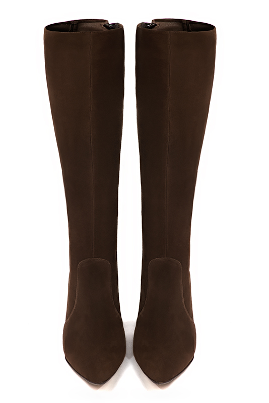 Dark brown women's feminine knee-high boots. Tapered toe. Very high slim heel. Made to measure. Top view - Florence KOOIJMAN